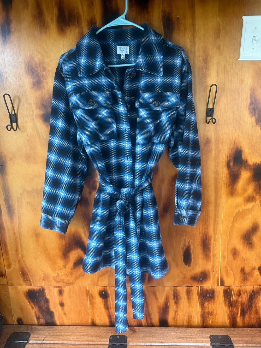 Time and Tru Blue Plaid Tie-Waist Trench Shacket